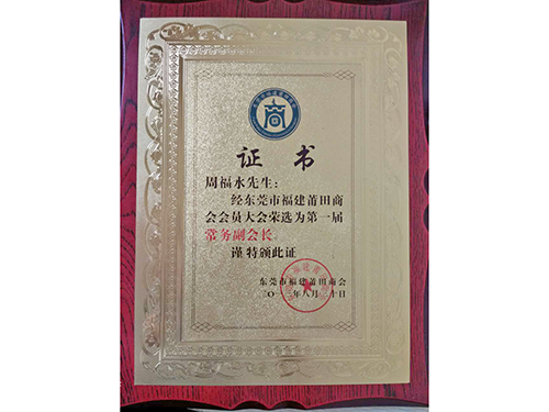 福建莆田商會常務(wù)副會長證書